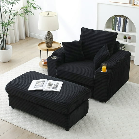 Aukfa 43 inch Corduroy Chaise w/ 2 Cupholders&Storage Ottoman, Plush Chair Bed, 3 Pillows, Black
