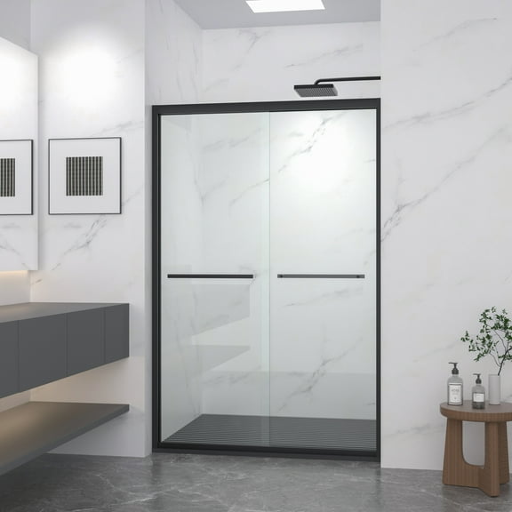 Aukfa 44-48" W x 72" H Double Sliding Shower Door, Bypass Bathroom Sliding Door, 5/16" Tempered Glass, Matte Black