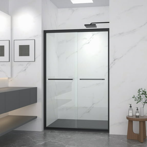 Aukfa 44-48" W x 72" H Double Sliding Shower Door, Bypass Bathroom Sliding Door, 5/16" Tempered Glass, Matte Black