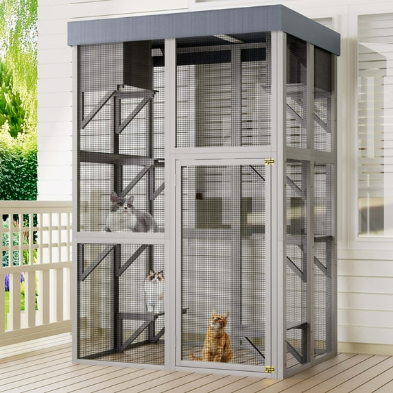 Aukfa 45.2" Wooden Catio Outdoor Pet Large Cat House with Waterproof Top & 2 Napping Houses for Mulitiple Cats Walk in Cat Cage,Gray