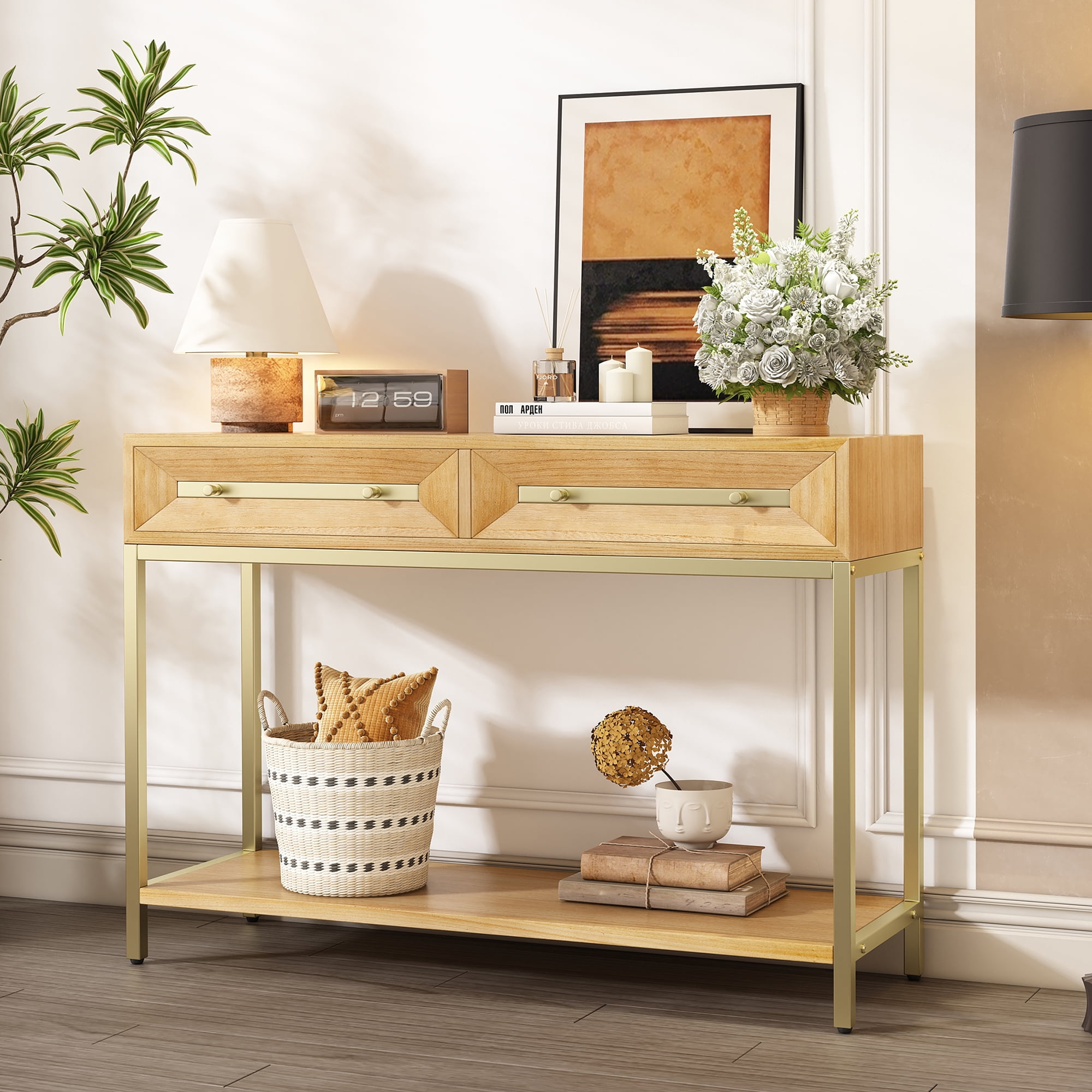 Aukfa 45.5" Entryway Console Table with 2 Drawers & Striking Geometric Design, Entryway Table Sofa Table, Natural