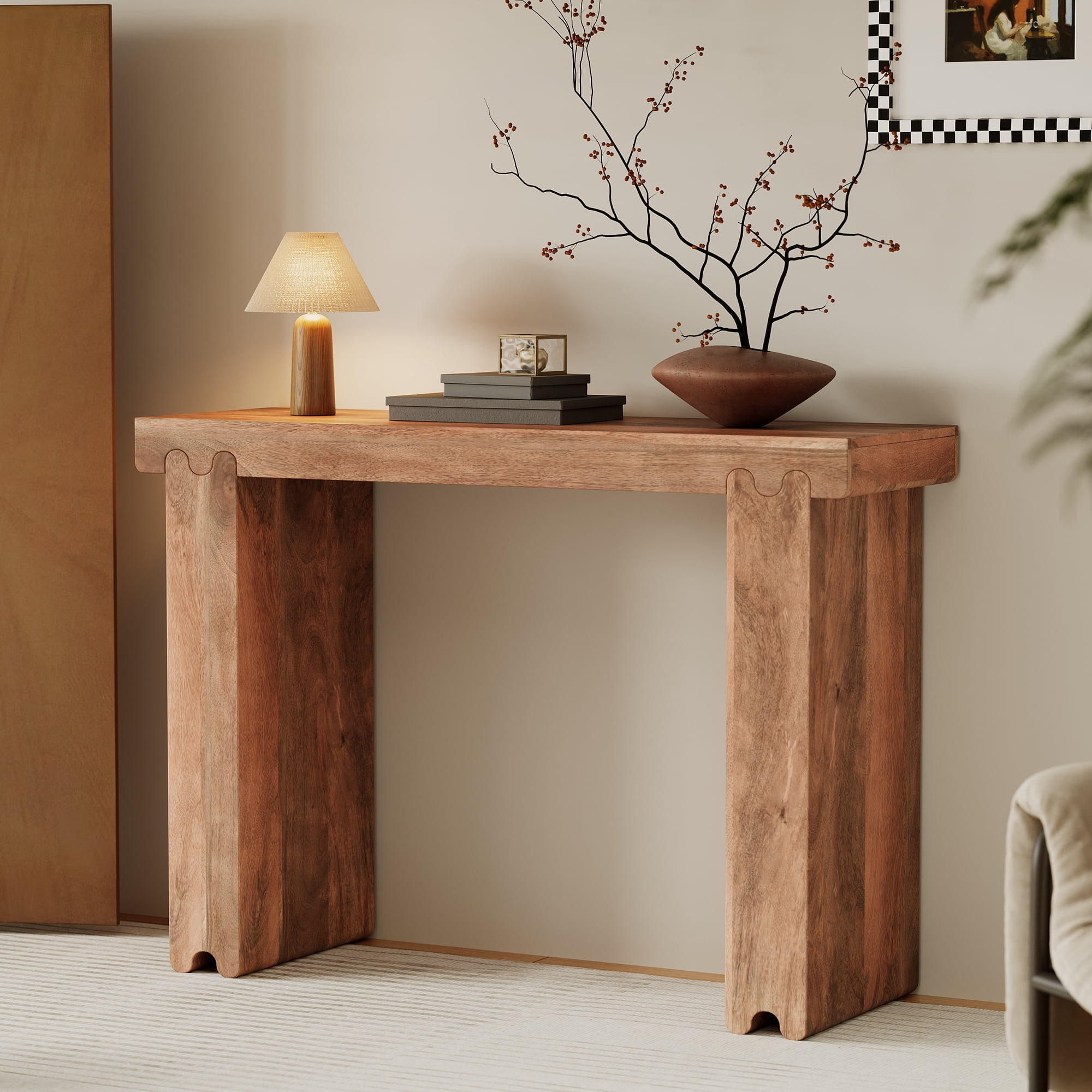 Aukfa 45" Narrow Console Table, Farmhouse Mango Wood Entryway Table Sofa Table for Entryway Hallway, Honey