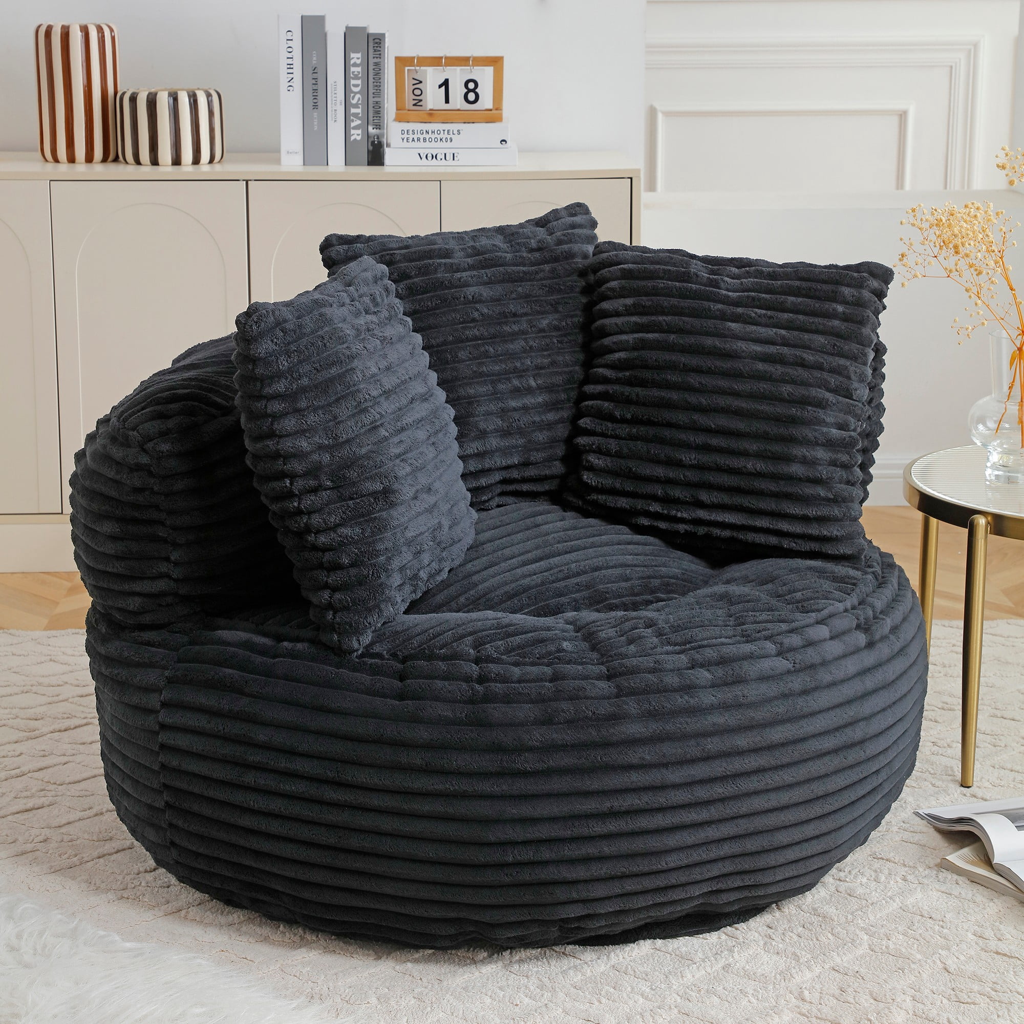 Aukfa 45" Oversized Round Bean Bag Chair, Deep Seat Lounger with 3 Pillows, No Assembly Sofa, Black