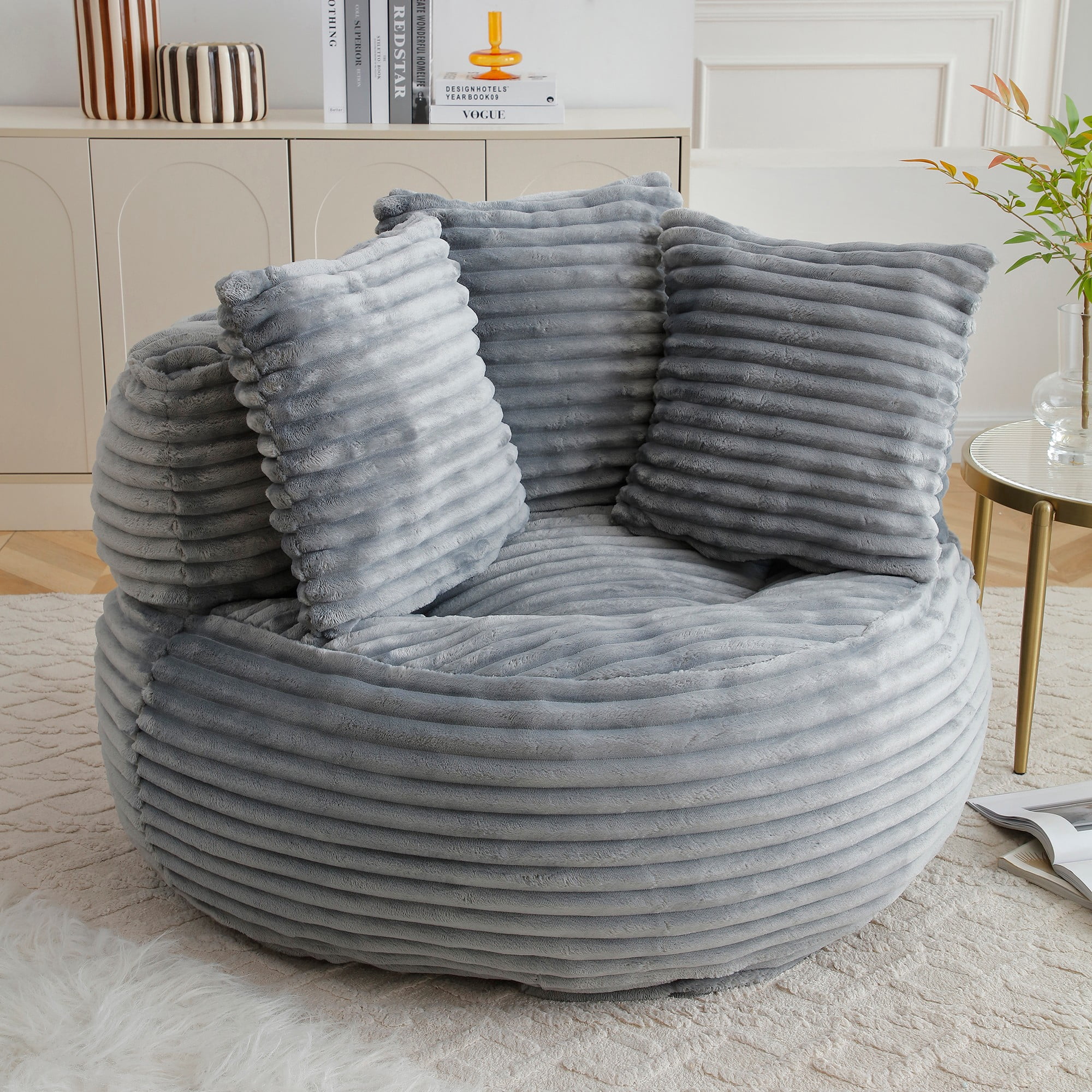 Aukfa 45" Oversized Round Bean Bag Chair, Deep Seat Lounger with 3 Pillows, No Assembly Sofa, Gray