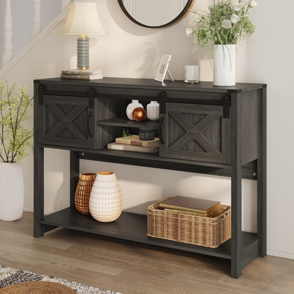 Aukfa 46" Farmhouse Console Table with Storage Shelf & Sliding Barn Doors, Wood Entryway Table with Storage for Living Room, Hallway, Foyer, Dark Gray
