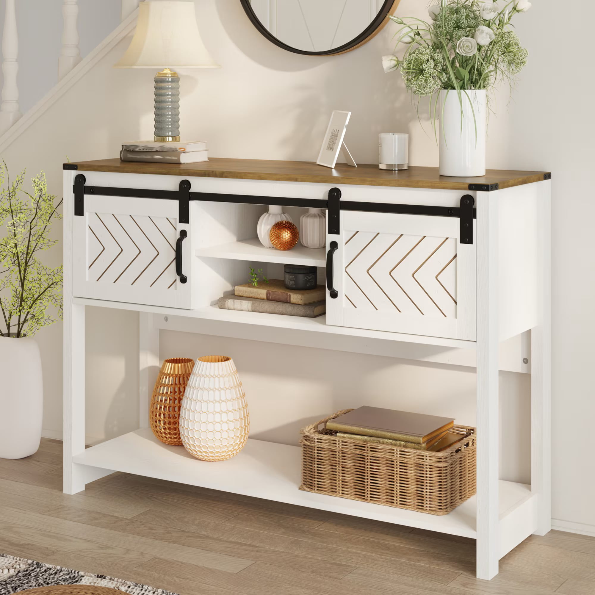 Aukfa 46" Farmhouse Console Table with Storage Shelf & Sliding Barn Doors, Wood Entryway Table with Storage for Living Room, Hallway, Foyer, White/Oak