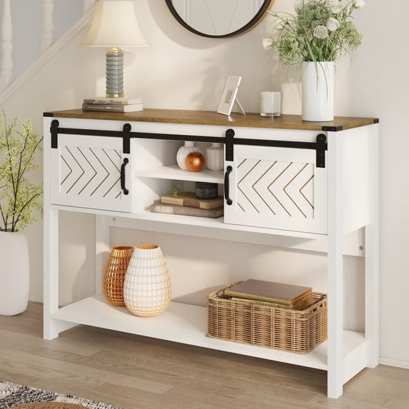 Aukfa 46" Farmhouse Console Table with Storage Shelf & Sliding Barn Doors, Wood Entryway Table with Storage for Living Room, Hallway, Foyer, White/Oak