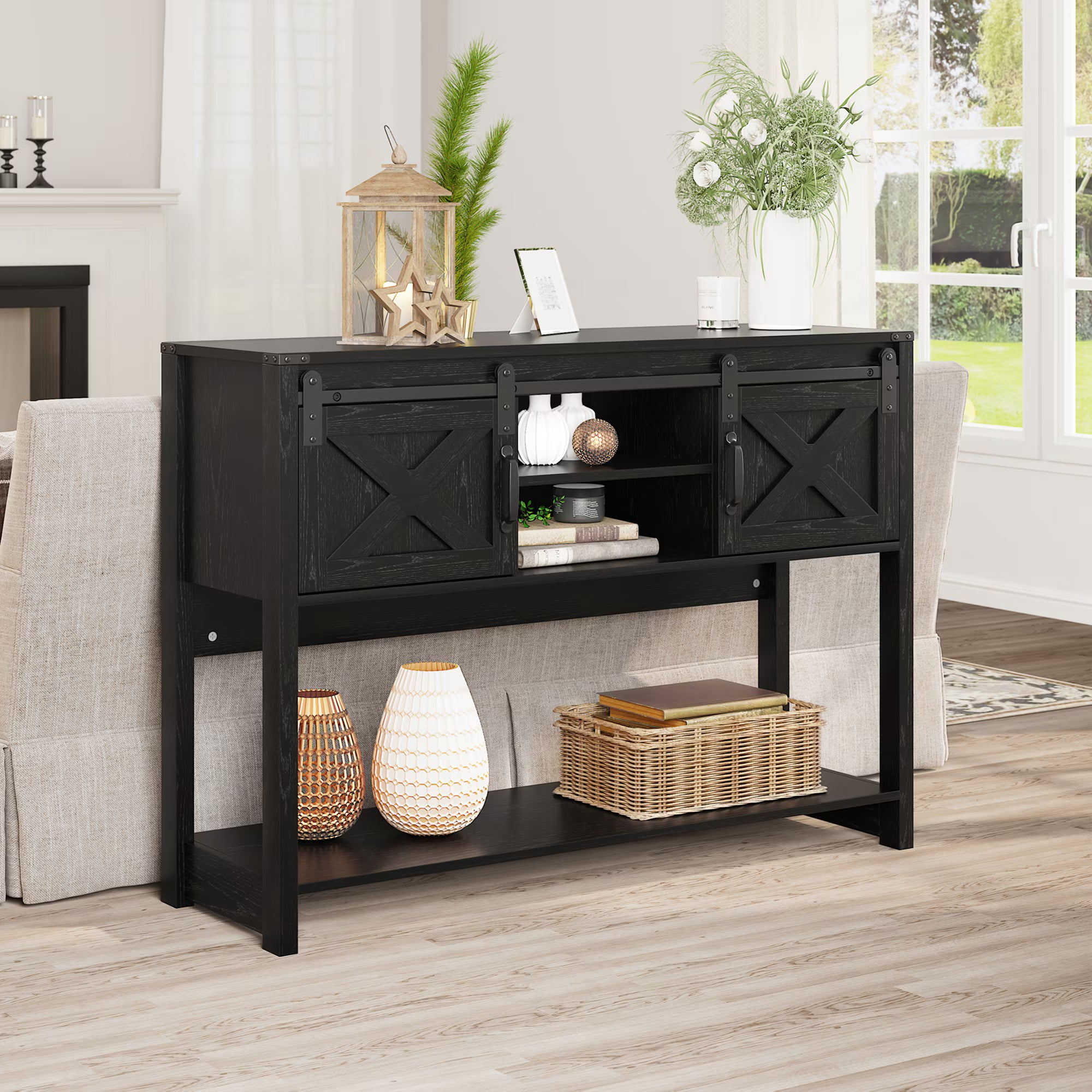Aukfa 46" Farmhouse Console Table with Storage Shelf & Sliding Barn Doors, Wood Entryway Table with Storage for Living Room, Hallway, Foyer, Black