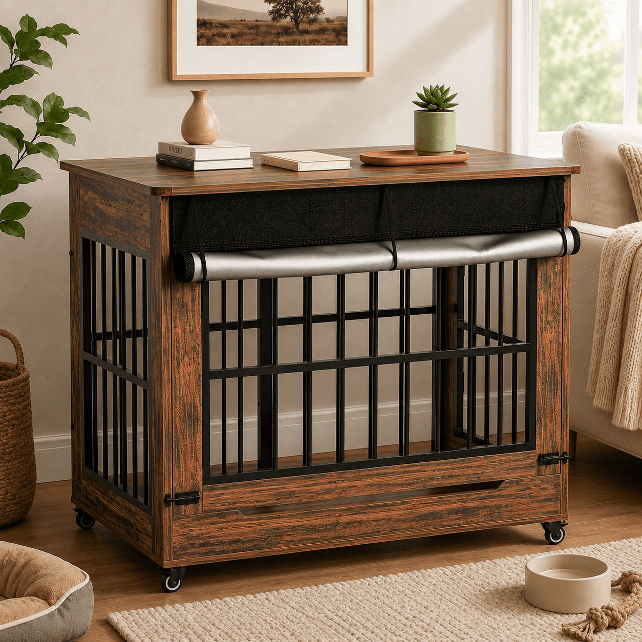 Aukfa 46-Inch Large Dog Crate Furniture, Indoor Dog Kennel Decorative Pet Cage End Table, Lift-Up Door, Curtain & Wheels,Brown