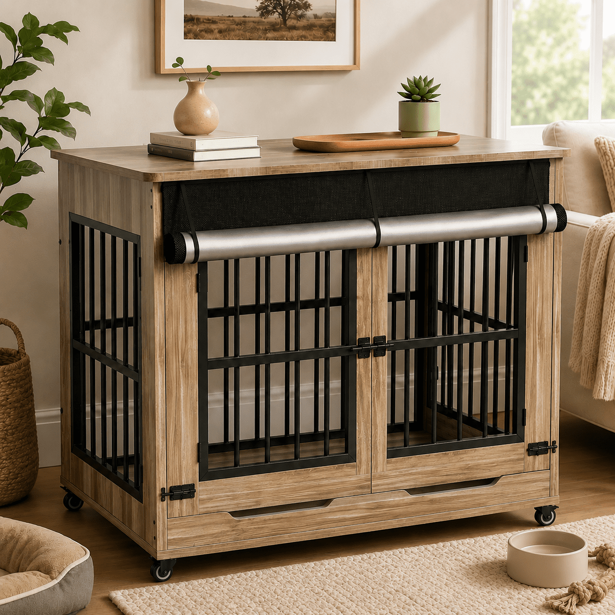Aukfa 46-Inch Large Dog Crate Furniture, Indoor Dog Kennel Decorative Pet Cage End Table, Lift-Up Door, Curtain & Wheels,Greige