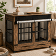 thumbnail image 1 of Aukfa 46-Inch Large Dog Crate Furniture, Indoor Dog Kennel Decorative Pet Cage End Table, Lift-Up Door, Curtain & Wheels,Rustic Brown, 1 of 9