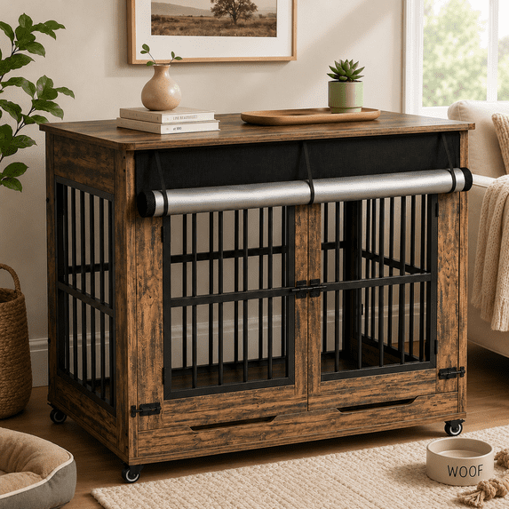 Aukfa 46-Inch Large Dog Crate Furniture, Indoor Dog Kennel Decorative Pet Cage End Table, Lift-Up Door, Curtain & Wheels,Rustic Brown