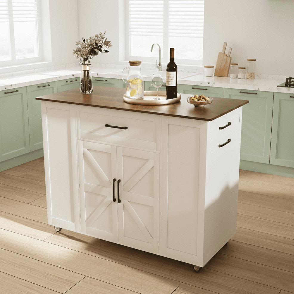 Aukfa 46" Rolling Kitchen Island with Storage, Power Outlet, Drawer & Adjustable Shelf, White
