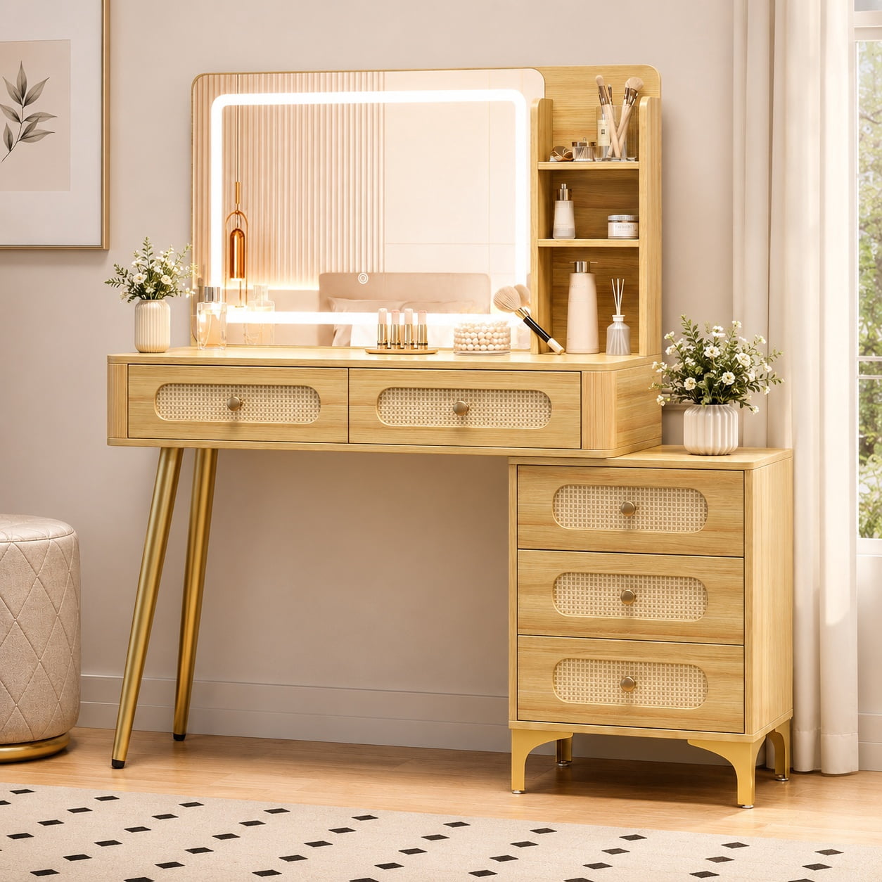 Aukfa 47.2" Rattan Makeup Vanity Desk with Lighted Mirror, Vintage Wood Vanity Table with 5 Drawers & Shelves, Gold Metal Legs, Natural