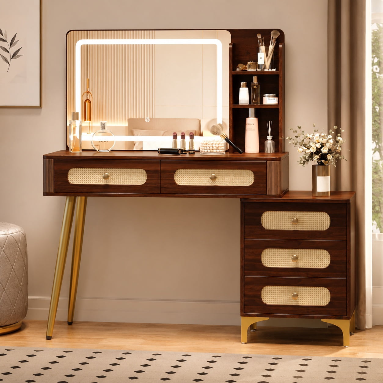 Aukfa 47.2" Rattan Makeup Vanity Desk with Lighted Mirror, Vintage Wood Vanity Table with 5 Drawers & Shelves, Gold Metal Legs, Walnut