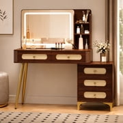 Aukfa 47.2" Rattan Makeup Vanity Desk with Lighted Mirror, Vintage Wood Vanity Table with 5 Drawers & Shelves, Gold Metal Legs, Walnut