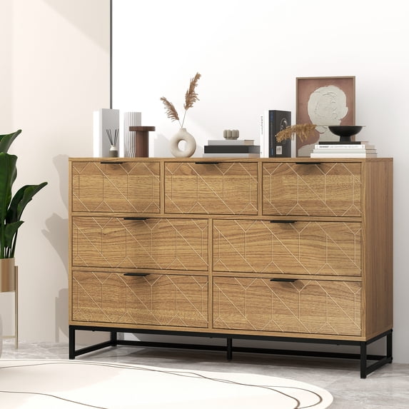 Aukfa 47.2" W Wood 7 Drawer Dresser, Wood Cabinet for Bedroom Living Room, Walnut