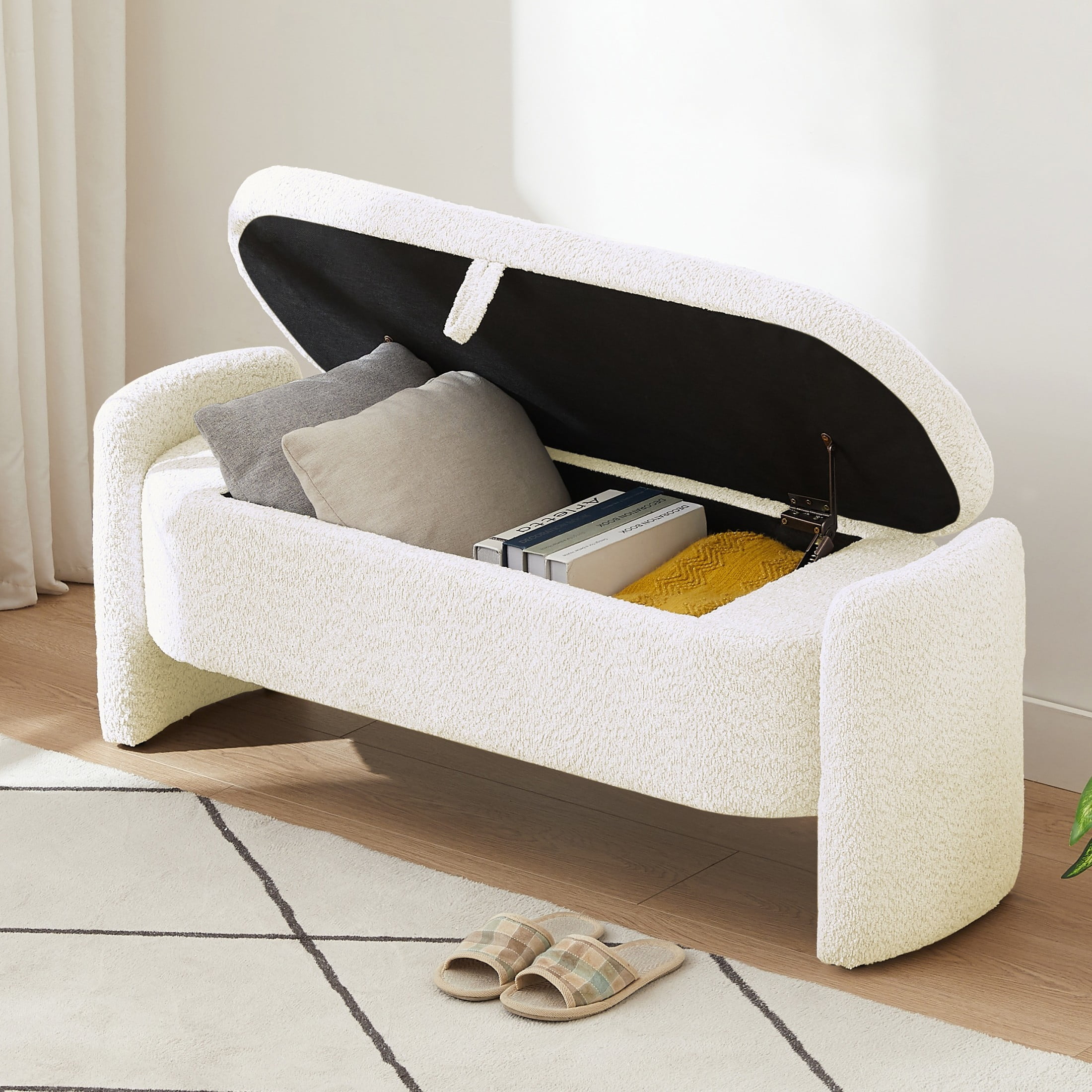 Aukfa 47.24" Oval Upholstered Storage Ottoman Bench, Boucle Fabric, Accent Bench for Living Room, Bedroom, or Entryway