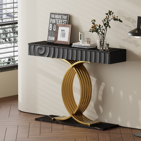 Aukfa 47.3" Console Table with 3 Drawers, Modern Narrow Sofa Table with Sculptural Metal Base for Entryway Hallway & Living Room,Black