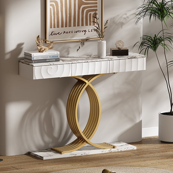 Aukfa 47.3" Console Table with 3 Drawers, Modern Narrow Sofa Table with Sculptural Metal Base for Entryway Hallway & Living Room,White