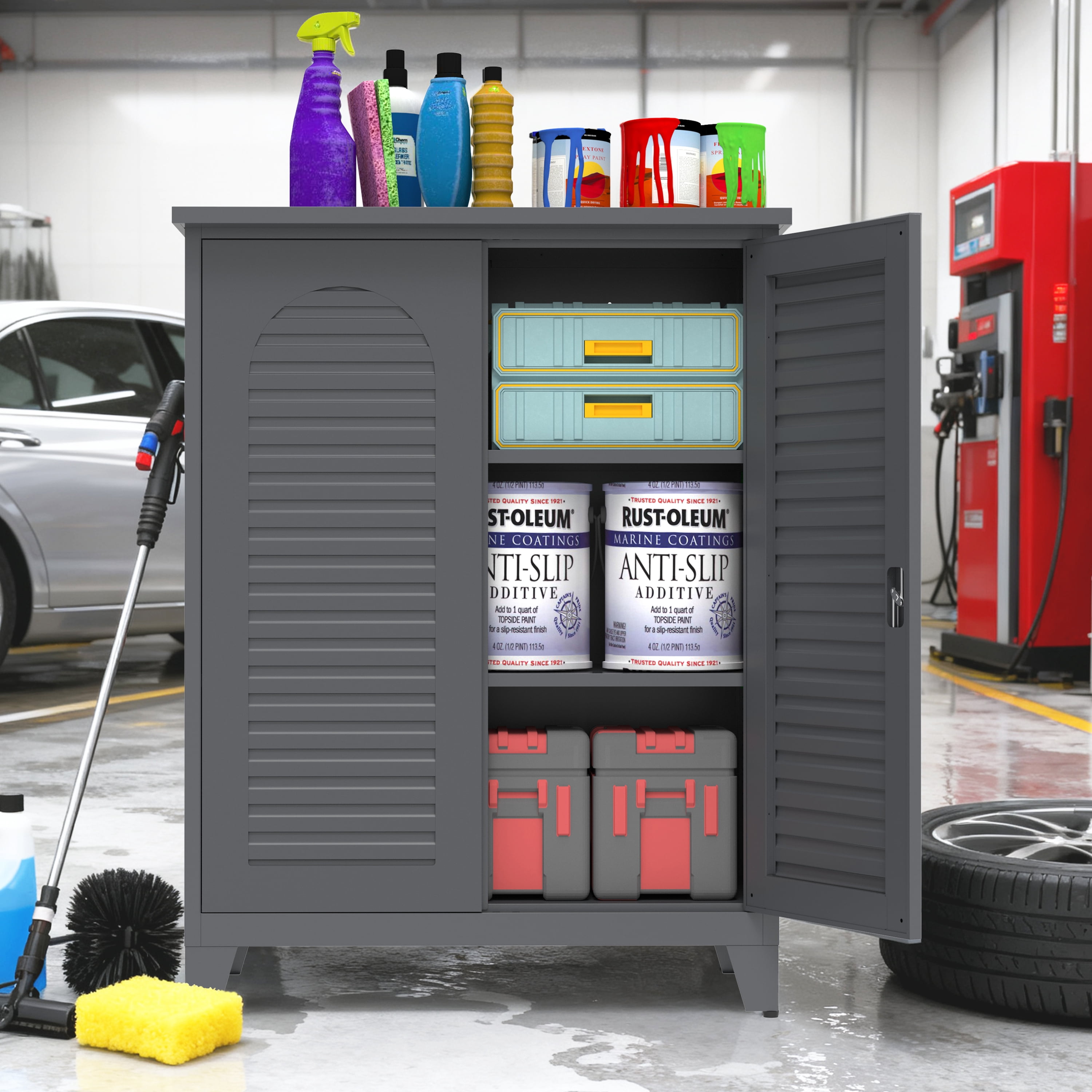 Aukfa 47" Metal Storage Cabinet with Lock, Garage Tool Organizer for Garage,Home,Office, Dark Gray