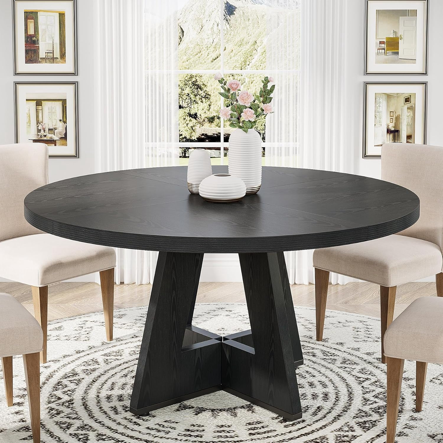 Aukfa 47" Round Farmhouse Dining Table for 4, Wood Kitchen Table with Cross-Style Base for Breakfast Nook/ Living Space,Black