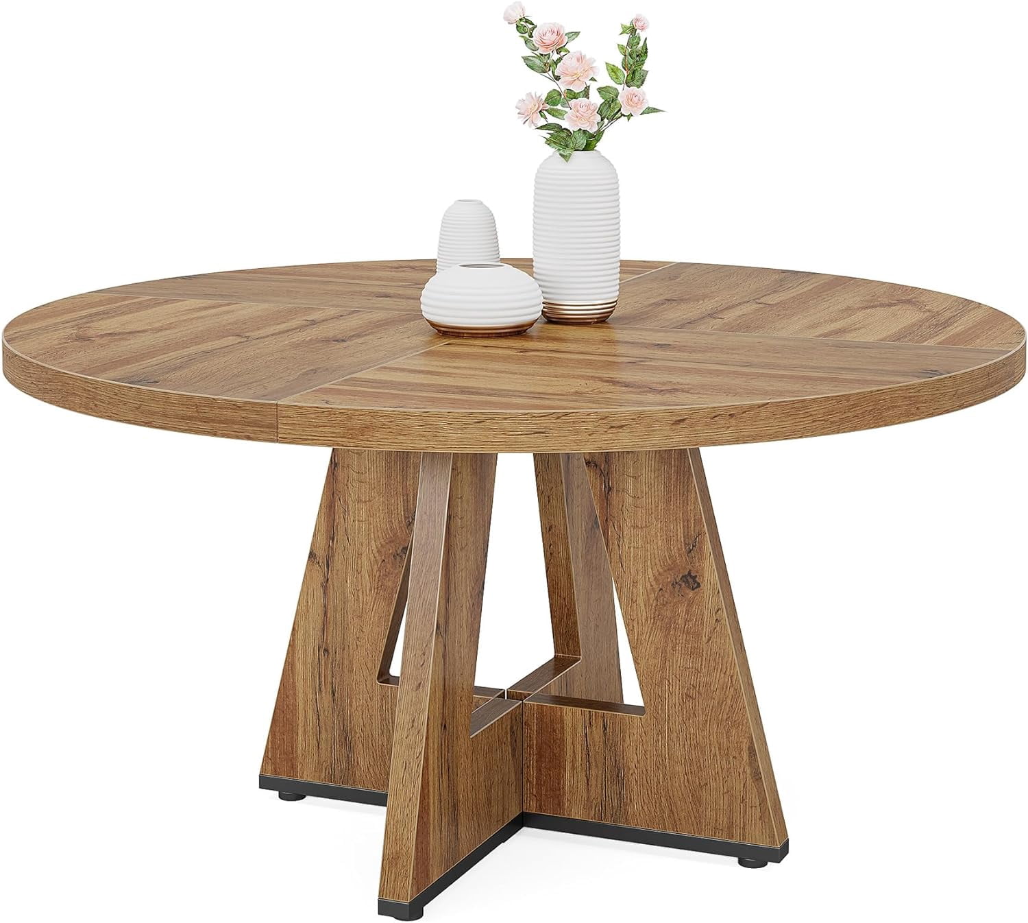 Aukfa 47" Round Farmhouse Dining Table for 4, Wood Kitchen Table with Cross-Style Base for Breakfast Nook/ Living Space,Burly Wood