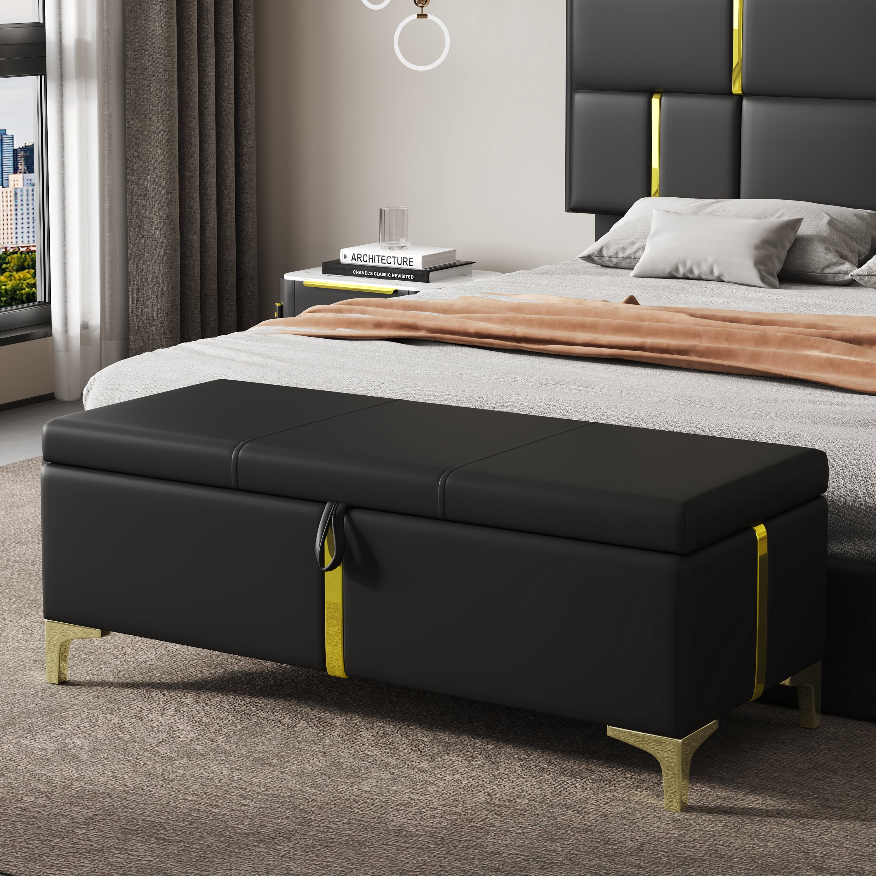 Aukfa 47" Storage Ottoman Bench with Gold Legs, PU End of Bed Bench for Bedroom & Entryway,Beige