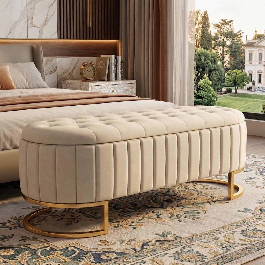 Aukfa 47" Velvet Storage Ottoman Bench, Button Tufted End of Bed Bench with Metal Legs, Modern Entryway Shoe Bench, Beige