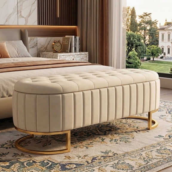 Aukfa 47" Velvet Storage Ottoman Bench, Button Tufted End of Bed Bench with Metal Legs, Modern Entryway Shoe Bench, Beige