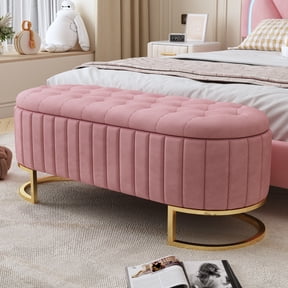 Aukfa 47" Velvet Storage Ottoman Bench, Button Tufted End of Bed Bench with Metal Legs, Modern Entryway Shoe Bench, Pink