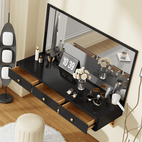 Aukfa 47" Wall-Mounted Vanity Table with 3 Storage Drawer & Hair Dryer Rack,Makeup Desk Space-Saving Floating Desk for Bedroom, Bathroom, Hairdressers,Black