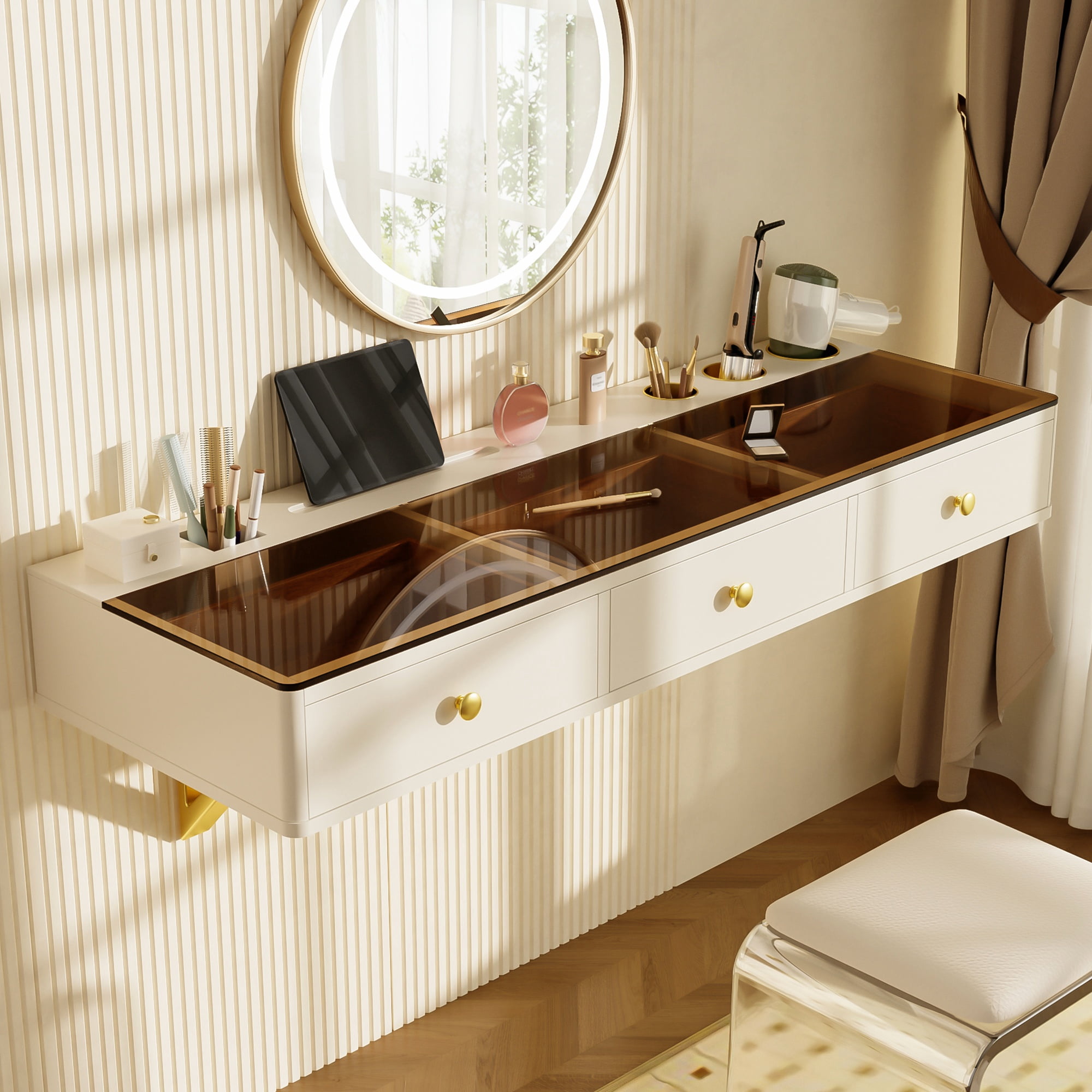 Aukfa 47" Wall-Mounted Vanity Table with 3 Storage Drawer & Hair Dryer Rack,Makeup Desk Space-Saving Floating Desk for Bedroom, Bathroom, Hairdressers,White
