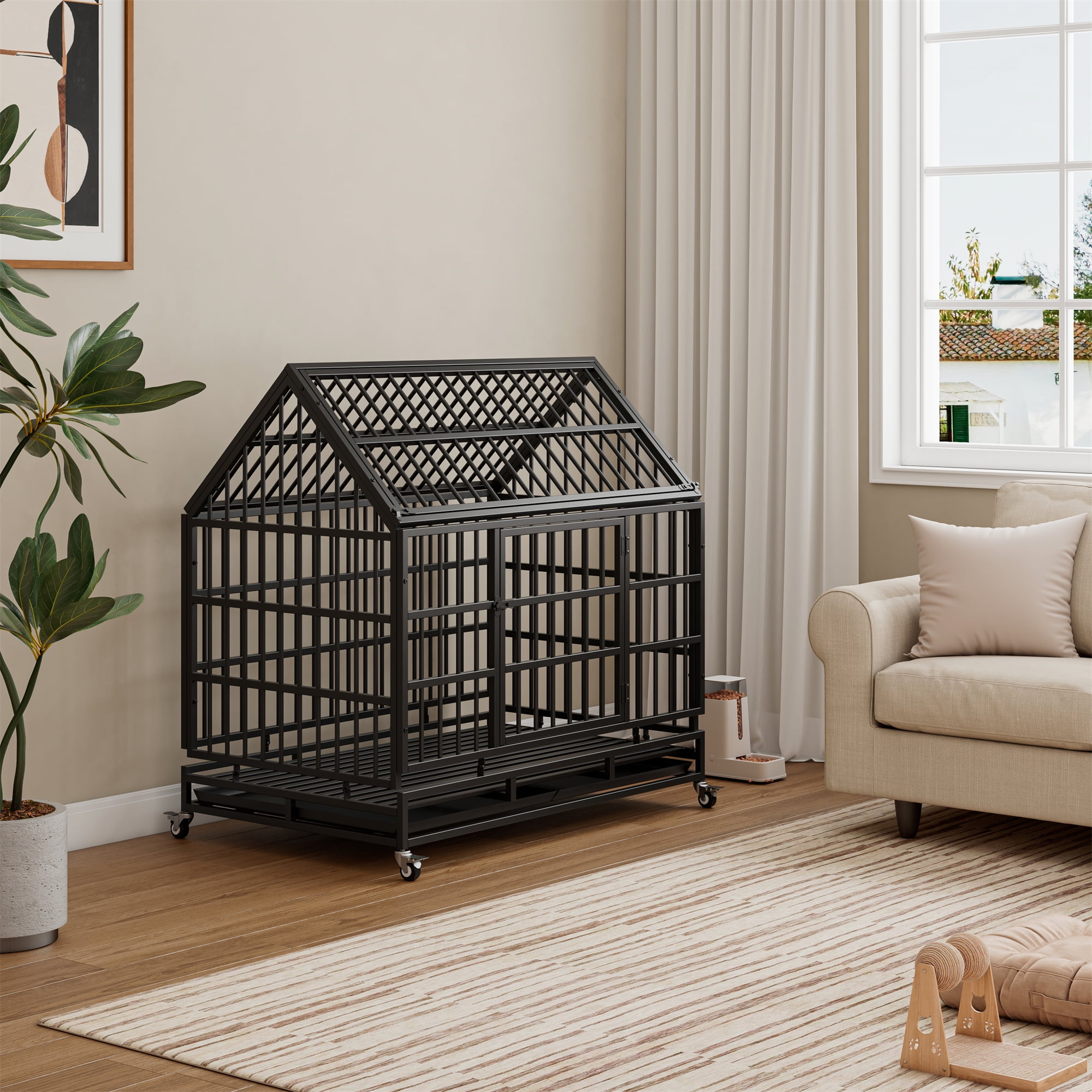 Aukfa 47 in Heavy Duty Indestructible Dog Crate with Lockable Wheels, Escape Proof Dog Cage Kennel w/ Removable Tray
