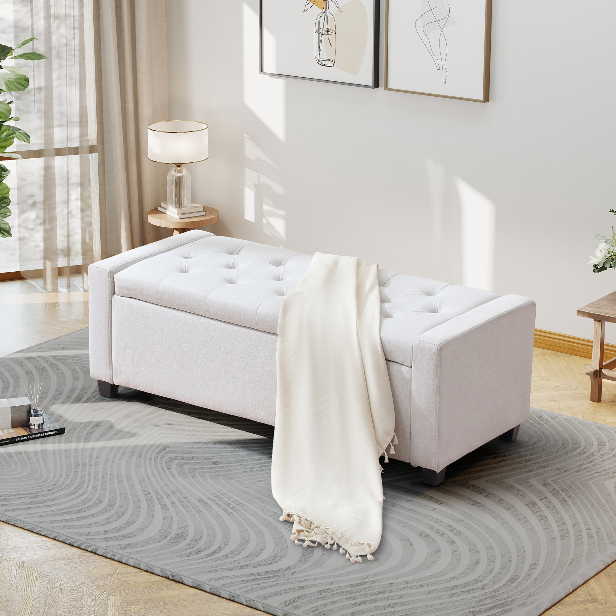 Aukfa 48" Storage Ottoman Bench,Faux Linen End of Bed Bench for Living Room, Bedroom, Entryway,Beige