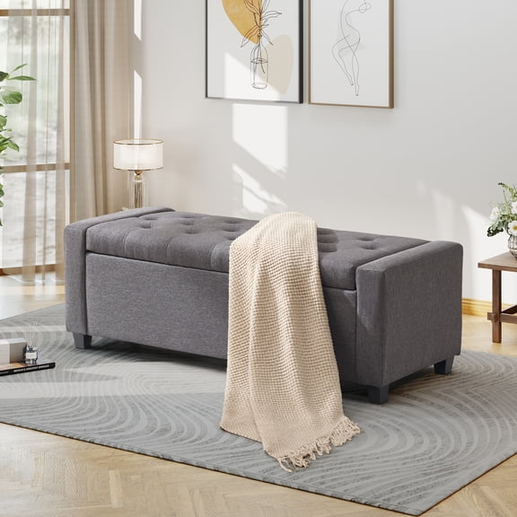 Aukfa 48" Storage Ottoman Bench,Faux Linen End of Bed Bench for Living Room, Bedroom, Entryway,Gray