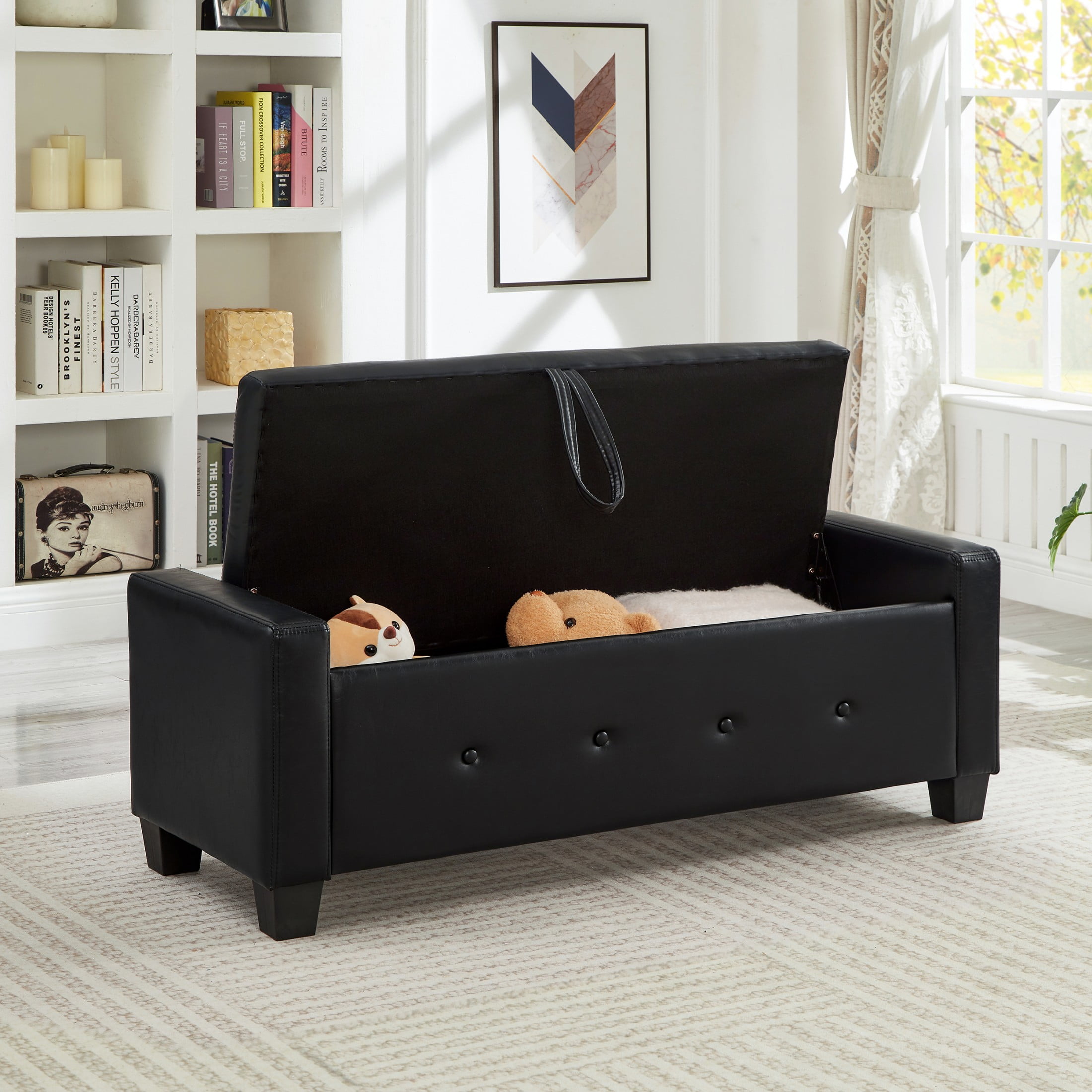 Aukfa 48" Storage Ottoman Bench with Safety Hinges, Upholstered Tufted Faux Leather Bench for Bedroom, Living Room & Entryway, Black