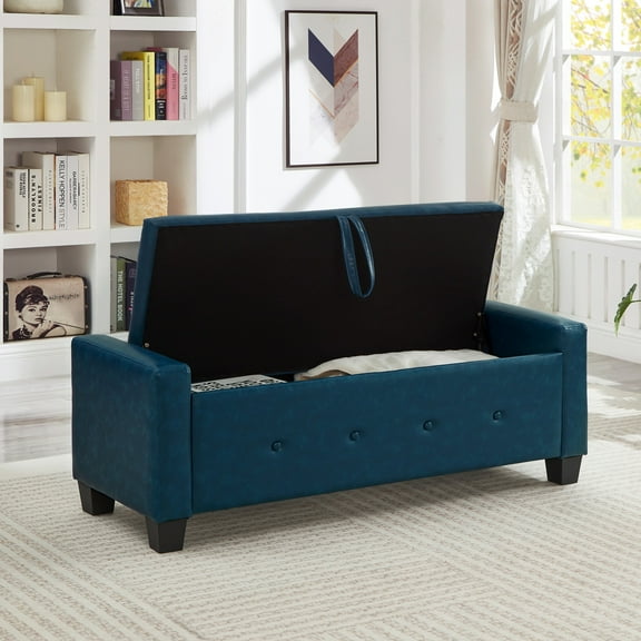 Aukfa 48" Storage Ottoman Bench with Safety Hinges, Upholstered Tufted Faux Leather Bench for Bedroom, Living Room & Entryway, Blue