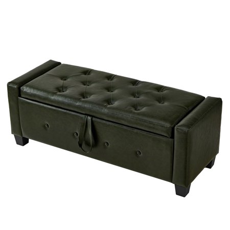 Aukfa 48" Storage Ottoman Bench with Safety Hinges, Upholstered Tufted Faux Leather Bench for Bedroom, Living Room & Entryway, Dark Green