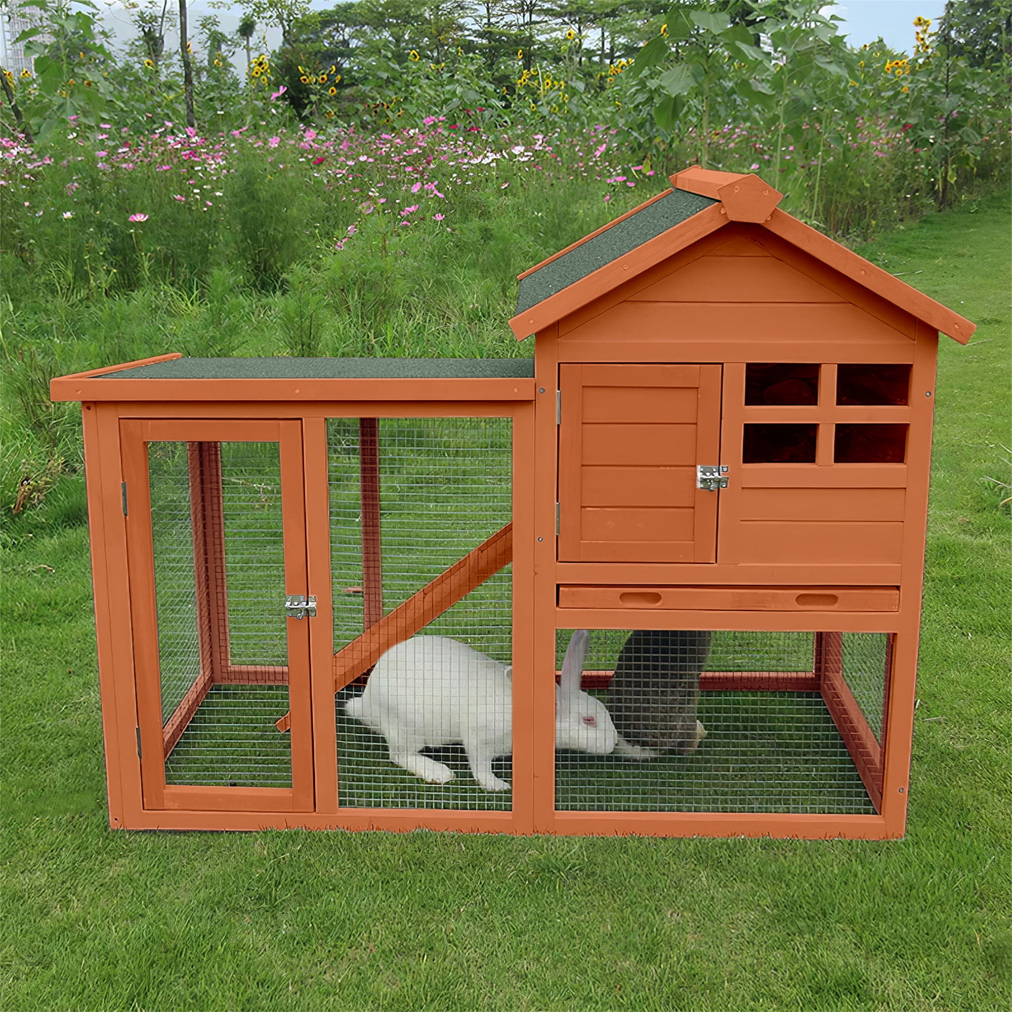 Aukfa 48" Wood Chicken Coop 2 Levels Rabbit Hutch with Pull Out Tray for Outdoor Indoor, Brown