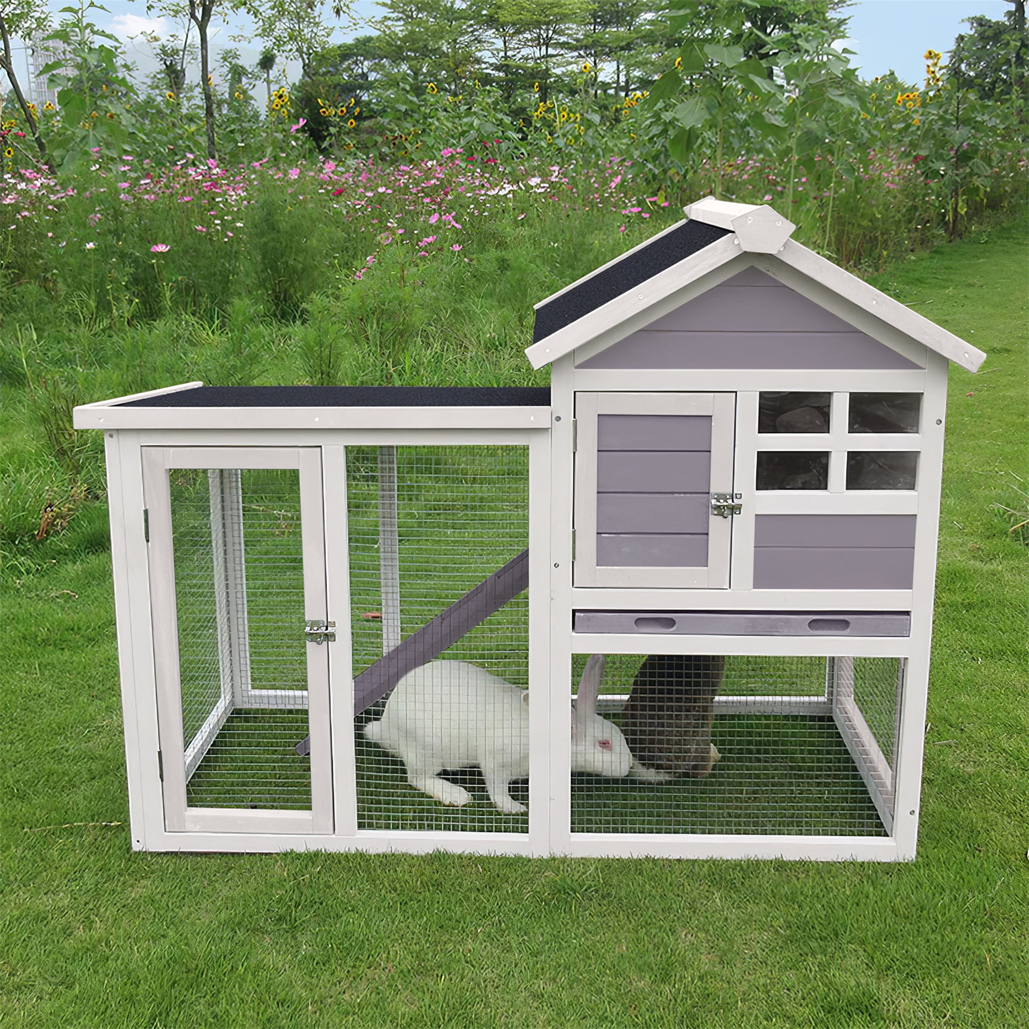 Aukfa 48" Wood Chicken Coop 2 Levels Rabbit Hutch with Pull Out Tray for Outdoor Indoor, Gray