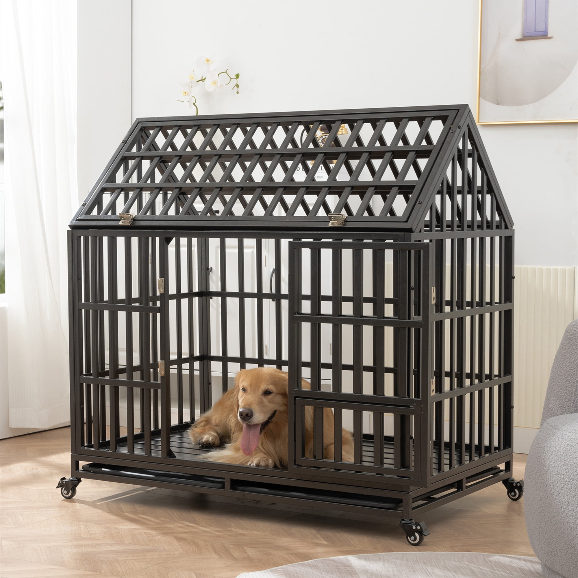 Aukfa 48 in Indestructible Dog Crate Heavy Duty Escape Proof Dog Cage Kennel w/ Lockable Wheels&Removable Tray