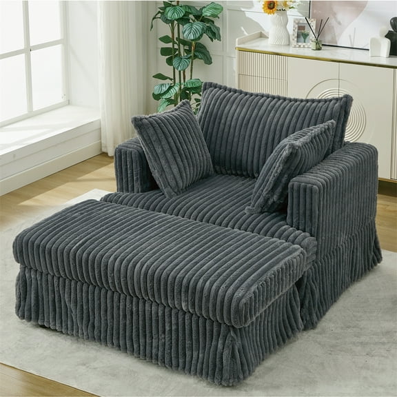 Aukfa 48" inch Chaise Lounge, Oversized Sofa Chair with Ottoman, 3 Pillows, Corduroy, Dark Gray
