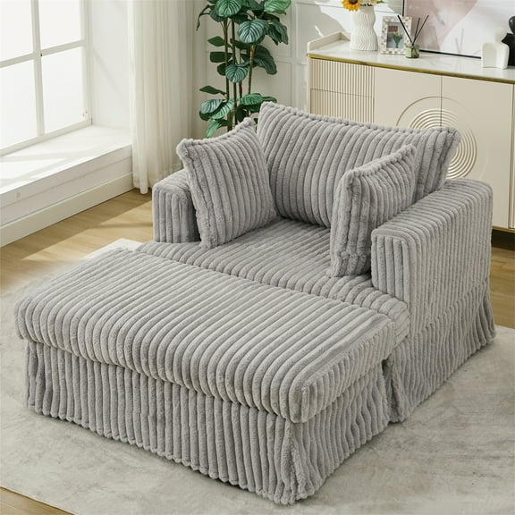 Aukfa 48" inch Chaise Lounge, Oversized Sofa Chair with Ottoman, 3 Pillows, Corduroy, Light Gray