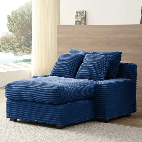 Aukfa 49" Chaise Lounge Oversized Corduroy Sofa Plush Chair Bed w/ 3 Pillows for Living Room, Blue