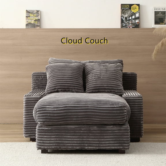 Aukfa 49" Chaise Lounge Oversized Corduroy Sofa Plush Chair Bed w/ 3 Pillows for Living Room, Gray