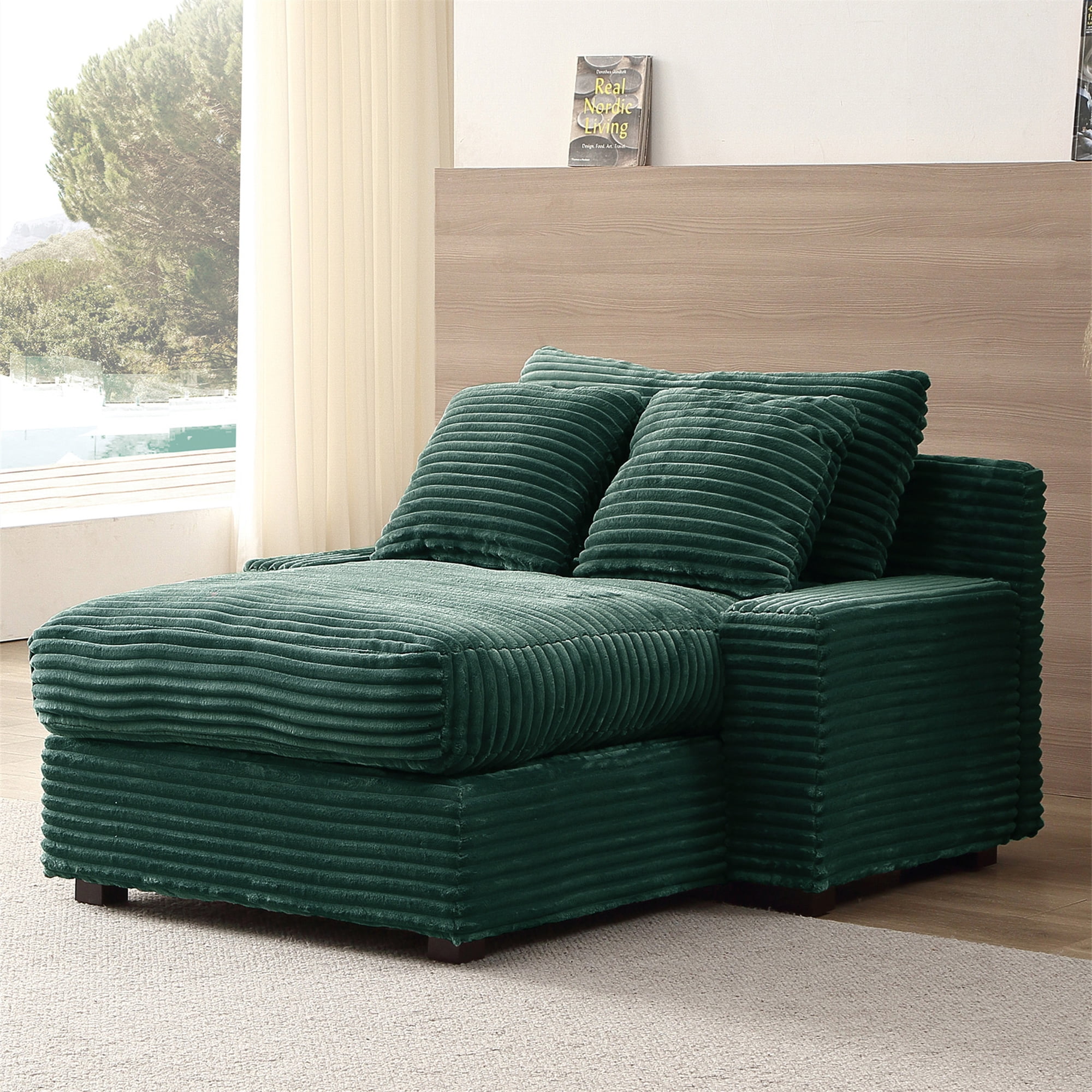 Aukfa 49" Chaise Lounge Oversized Corduroy Sofa Plush Chair Bed w/ 3 Pillows for Living Room, Green