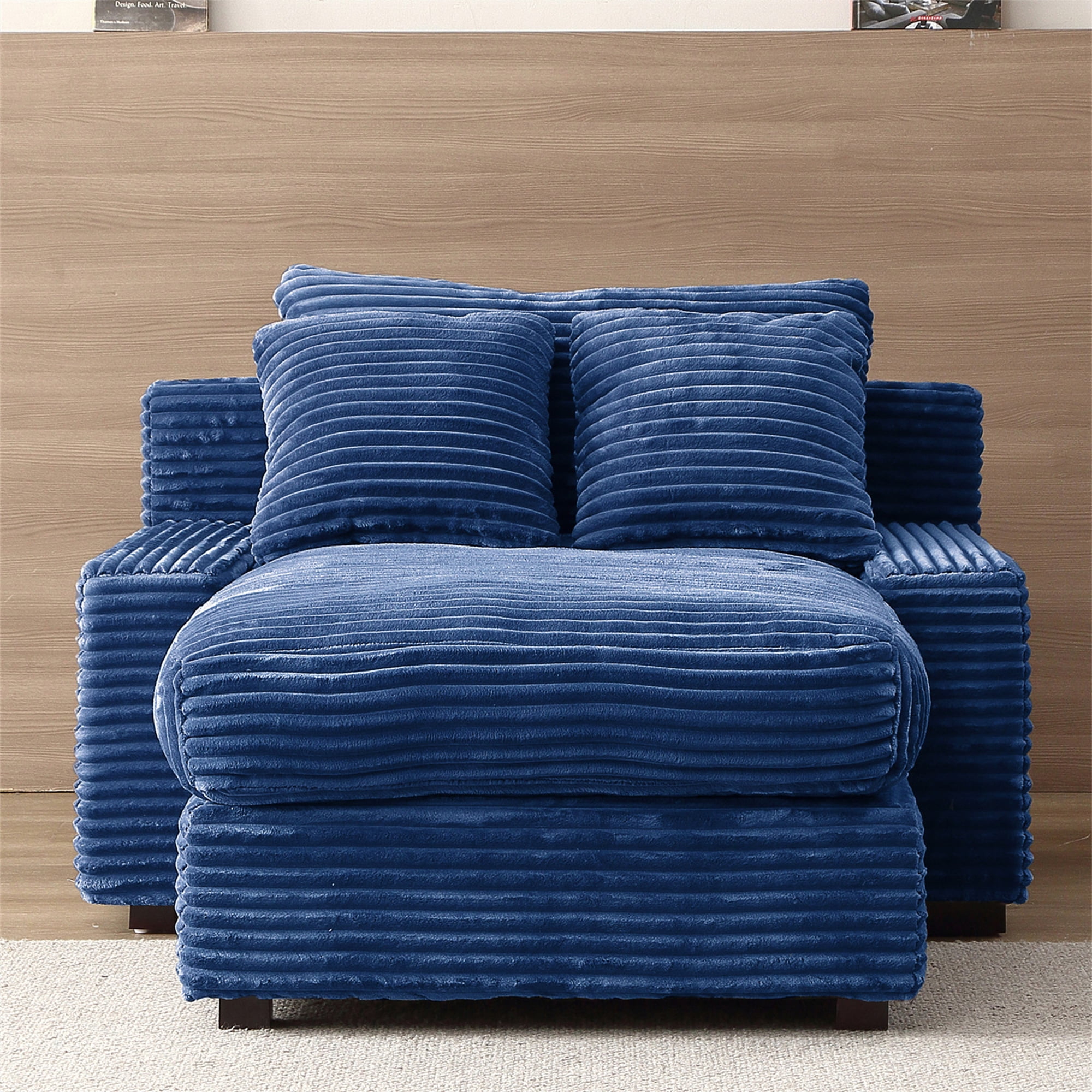 Aukfa 49" Chaise Lounge, Plush Corduroy Sofa Chair Bed w/ 3 Pillows Living Room, Navy