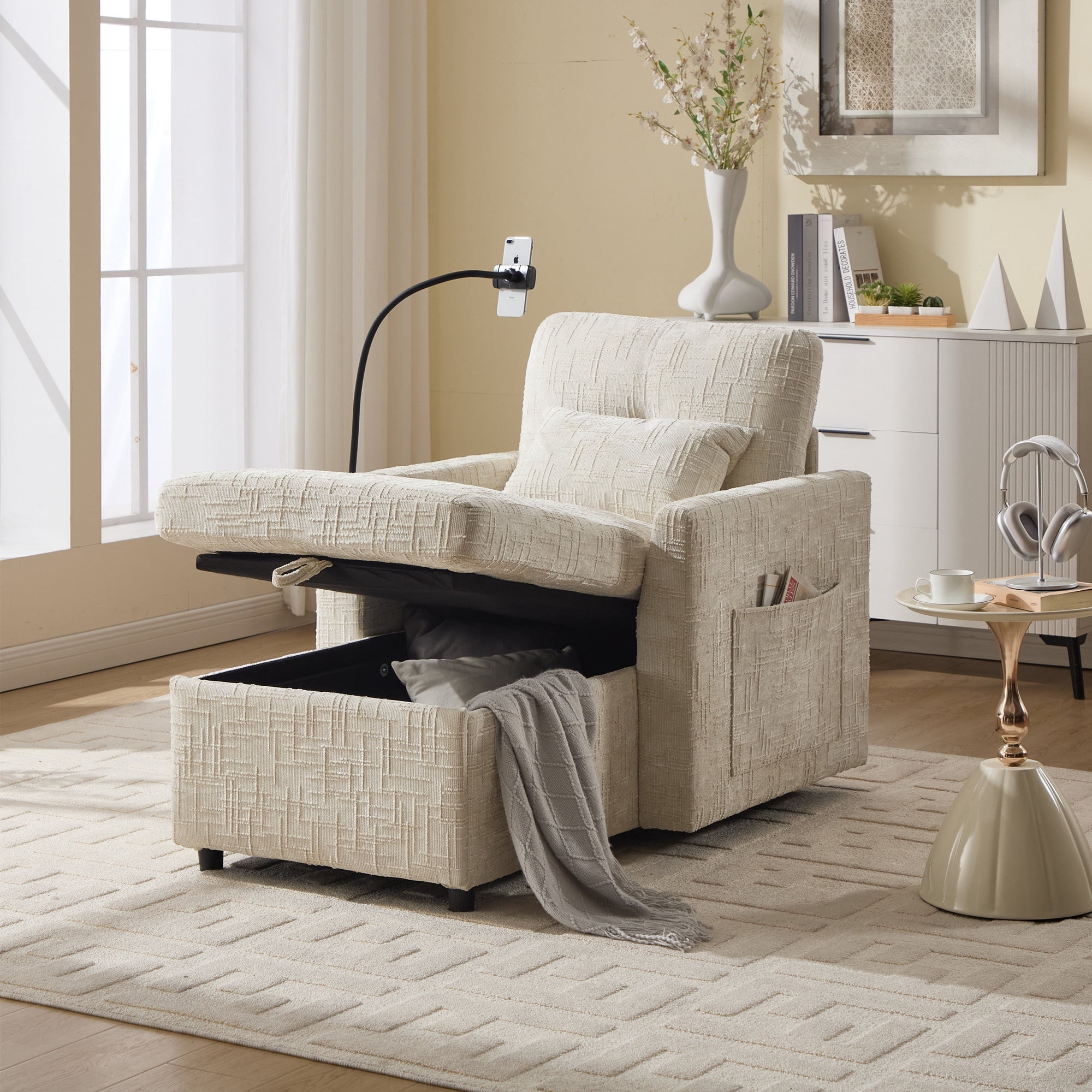 Aukfa Storage Chaise Lounge Single Sofa with Phone Holder and Pillow for Living Room Bedroom, Chenille, Beige