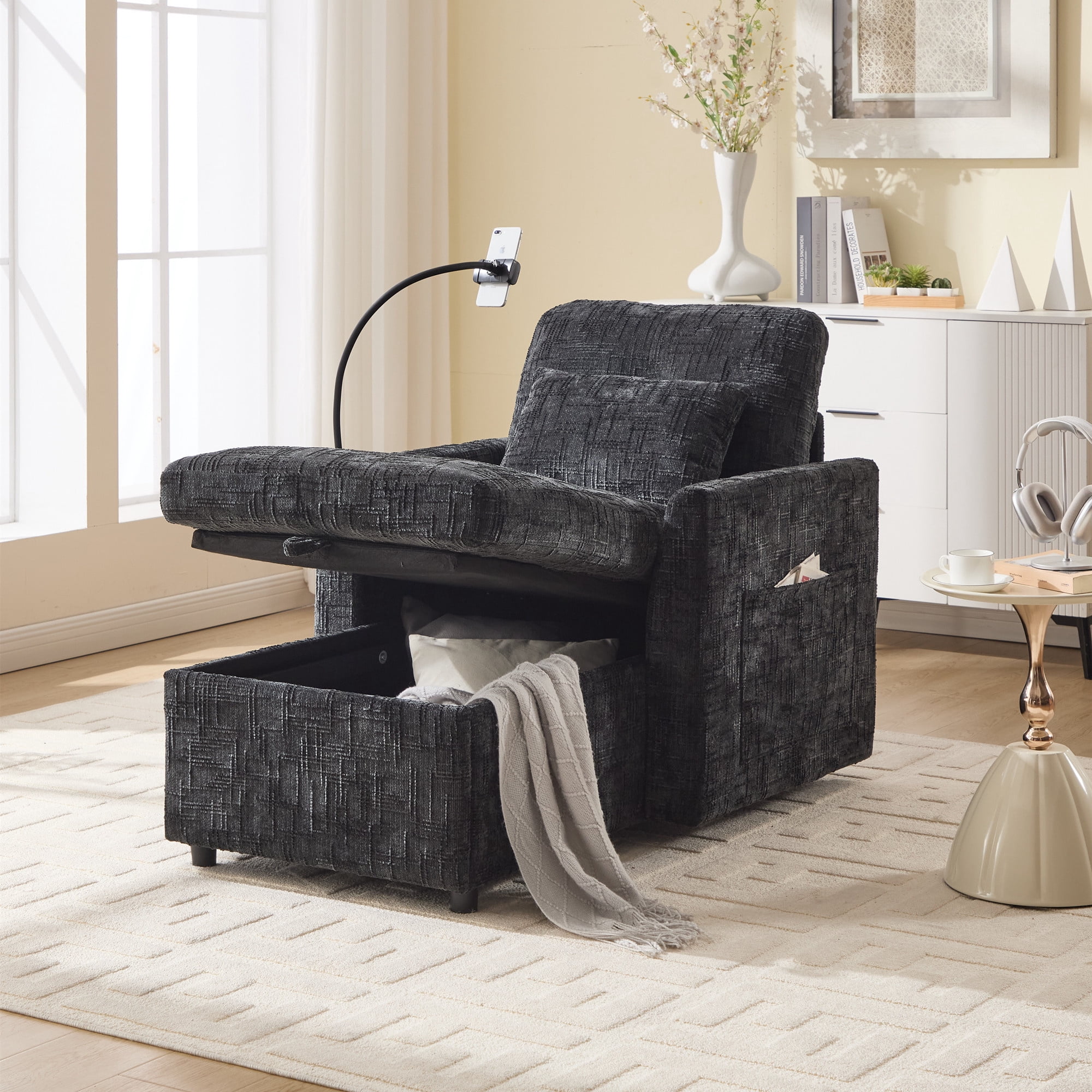 Aukfa Storage Chaise Lounge Single Sofa with Phone Holder and Pillow for Living Room Bedroom, Chenille, Black